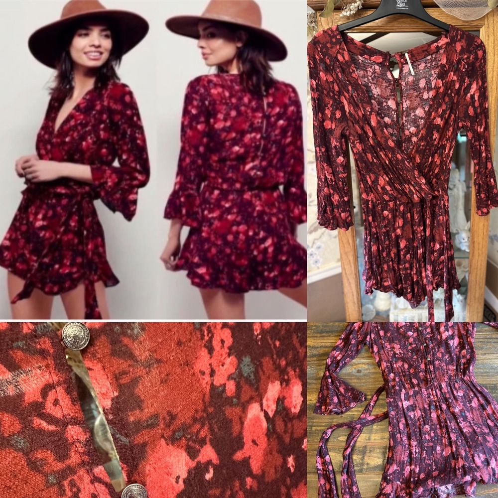 Free People Floral Romper Bell Sleeve Wrap Tie XS‎